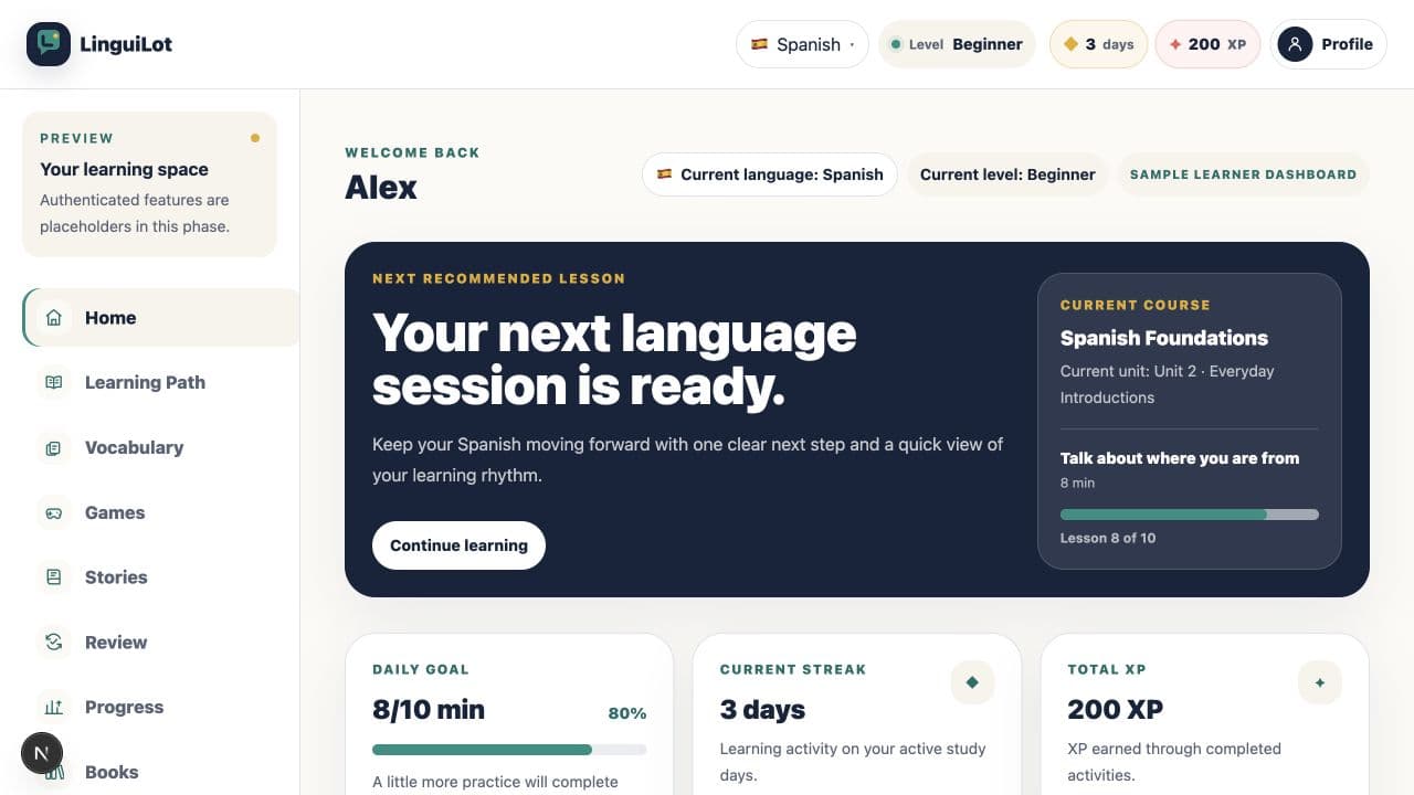 LinguiLot learner dashboard showing a recommended Spanish lesson, daily goal, streak, and XP