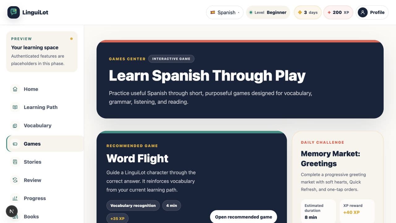 LinguiLot Games center showing Word Flight and the daily Memory Market challenge